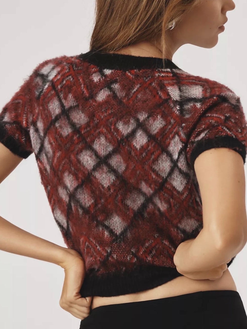 NWT - Anthropologie Pilcro Red & Black Short-Sleeve Fuzzy Plaid Sweater